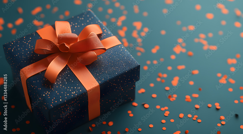 Fototapeta premium A beautifully wrapped gift sits on a teal surface, accented with orange confetti, perfect for a celebration