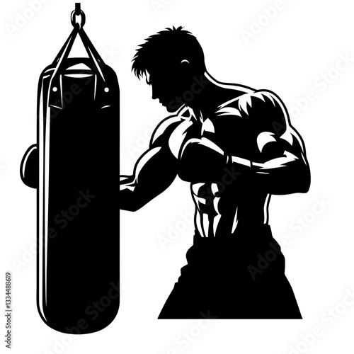 Male boxer training with punching bag silhouette