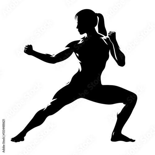 Female martial artist in defensive combat stance silhouette