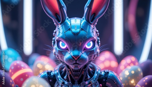 Cyberpunk Easter Bunny with neon lights with Easter eggs