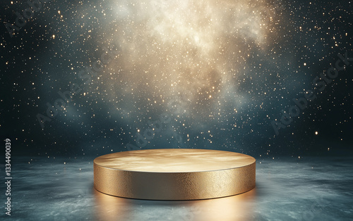 Golden Product Display Podium with Sparkling Starry Background for Luxury Presentation