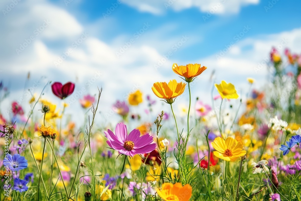 Obraz premium Vibrant Wildflower Field Stretches to the Horizon Under a Bright Blue Sky