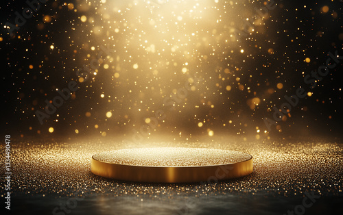 Golden Glitter Platform with Sparkling Bokeh Lights for Product Display or Presentation