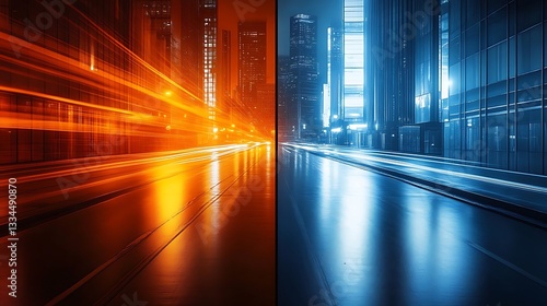 Dichotomy of urban speed, contrasting chromatic atmospheres, highlighting urban dynamism