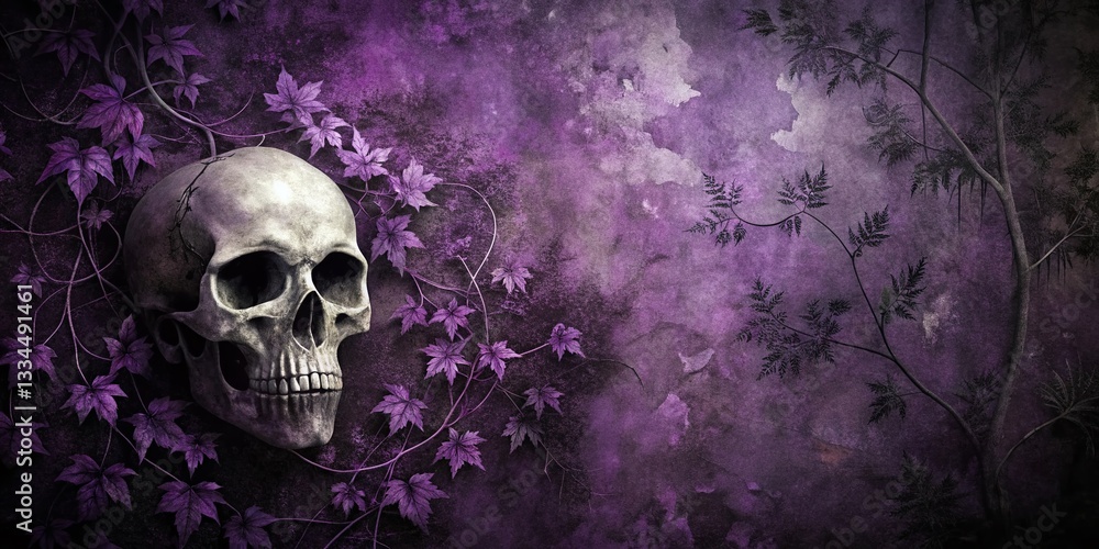 Halloween Grunge Wallpaper: Dark Purple & Black Distressed Gothic Vines, Peeling Texture, Faded Skull Details