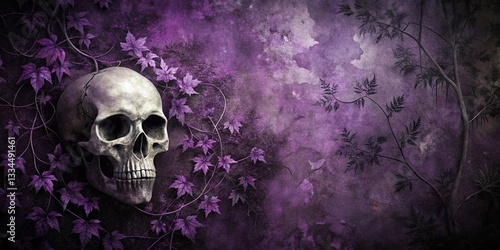 Obraz na płótnie Halloween Grunge Wallpaper: Dark Purple & Black Distressed Gothic Vines, Peeling Texture, Faded Skull Details w salonie