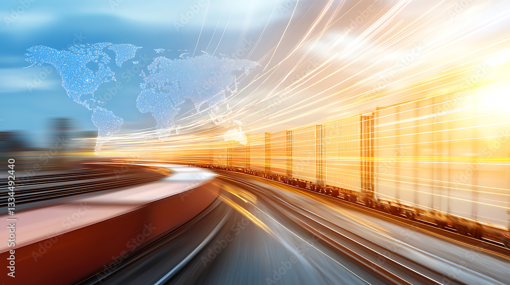 Dynamic motion blur of train on tracks urban cityscape digital art sunset aerial perspective speed and technology Dynamic motion blur of train on tracks urban cityscape digital art sunset aerial perspective speed and technology