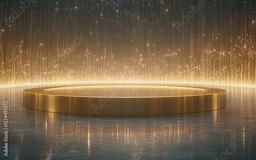 Golden Round Stage Podium with Sparkling Light Background for Product Display or Presentation