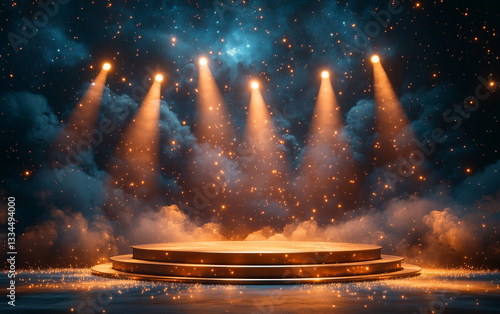 Stage with Spotlights, Stars, and Clouds: Empty Platform for Performance or Presentation