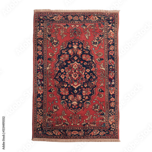 Ornate red and blue patterned area rug on a white isolated background.