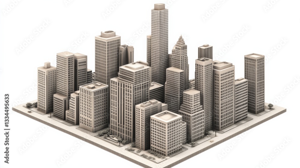 Fototapeta premium Urban Skyline Model with Diverse Architectural Styles and Modern Buildings in a Cityscape
