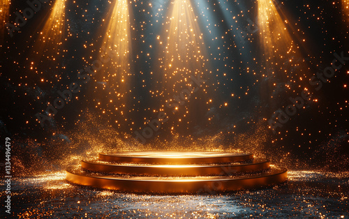 Golden Stage with Spotlights and Glittering Particles on Dark Background for Product Display