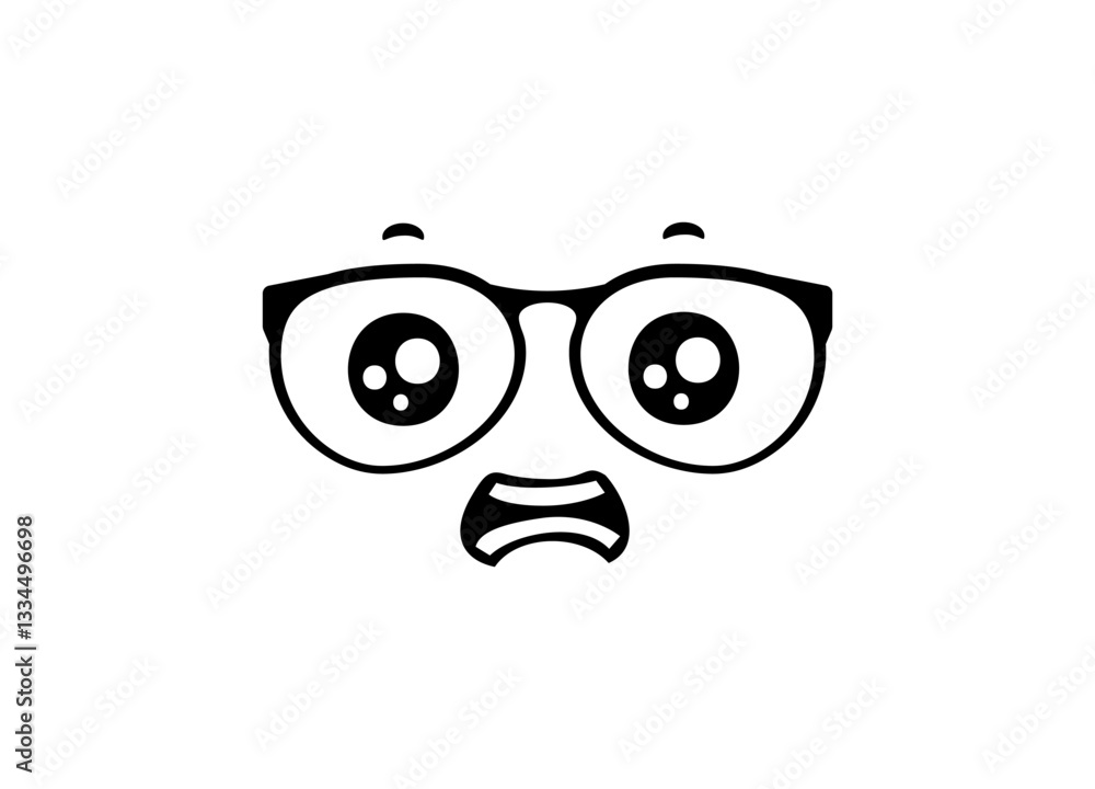 A cartoon face with large eyes and glasses shows a surprised expression on a simple background. A cartoon face with large eyes and glasses shows a surprised expression on a simple background.