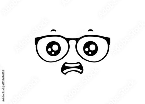A cartoon face with large eyes and glasses shows a surprised expression on a simple background.