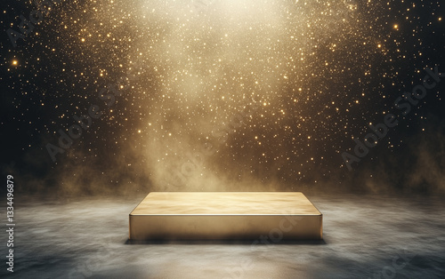 Golden Platform with Sparkling Lights and Smoke for Product Display or Presentation
