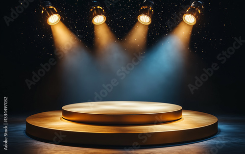 Golden Stage Podium with Spotlights, Empty Platform for Product Display, Presentation Background