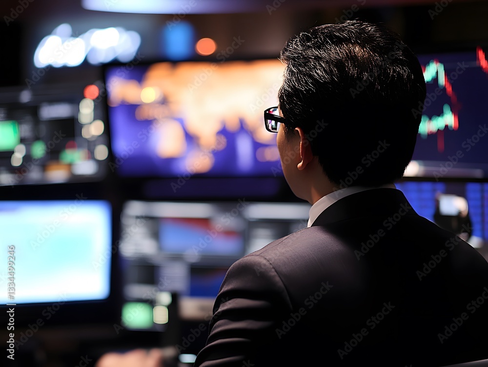 A focused businessman observes dynamic stock market charts on multiple screens, reflecting the fast-paced environment of finance and trading A focused businessman observes dynamic stock market charts on multiple screens, reflecting the fast-paced environment of finance and trading