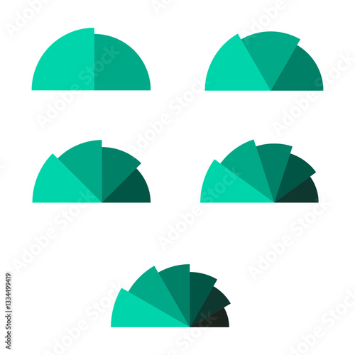 Set of half pie chart diagrams. half Circles cut separated on 2,3, 4,5, 6 simple flat design vector illustration.
