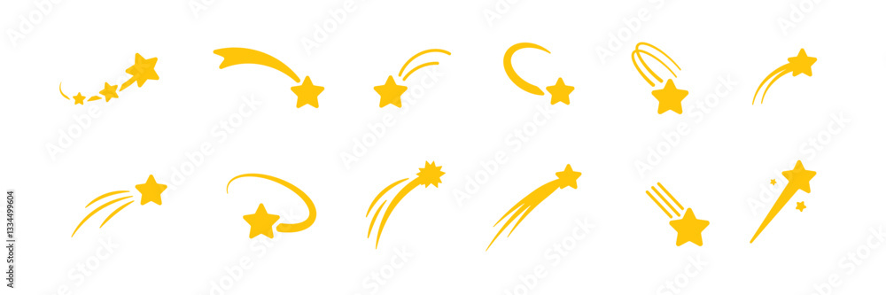 A collection of bright yellow icons with shooting stars in various shapes against a clear background. A collection of bright yellow icons with shooting stars in various shapes against a clear background.