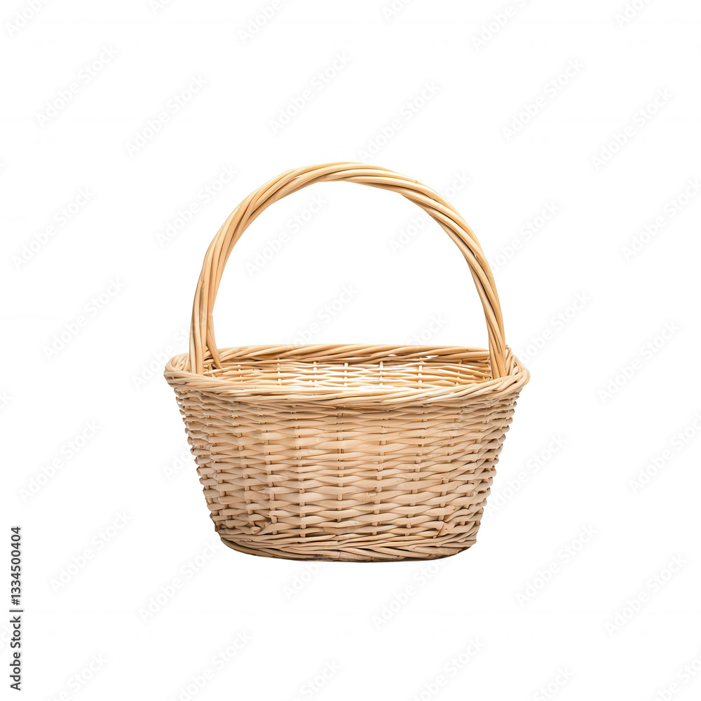 Woven wicker basket with a handle on a white isolated background. Woven wicker basket with a handle on a white isolated background.