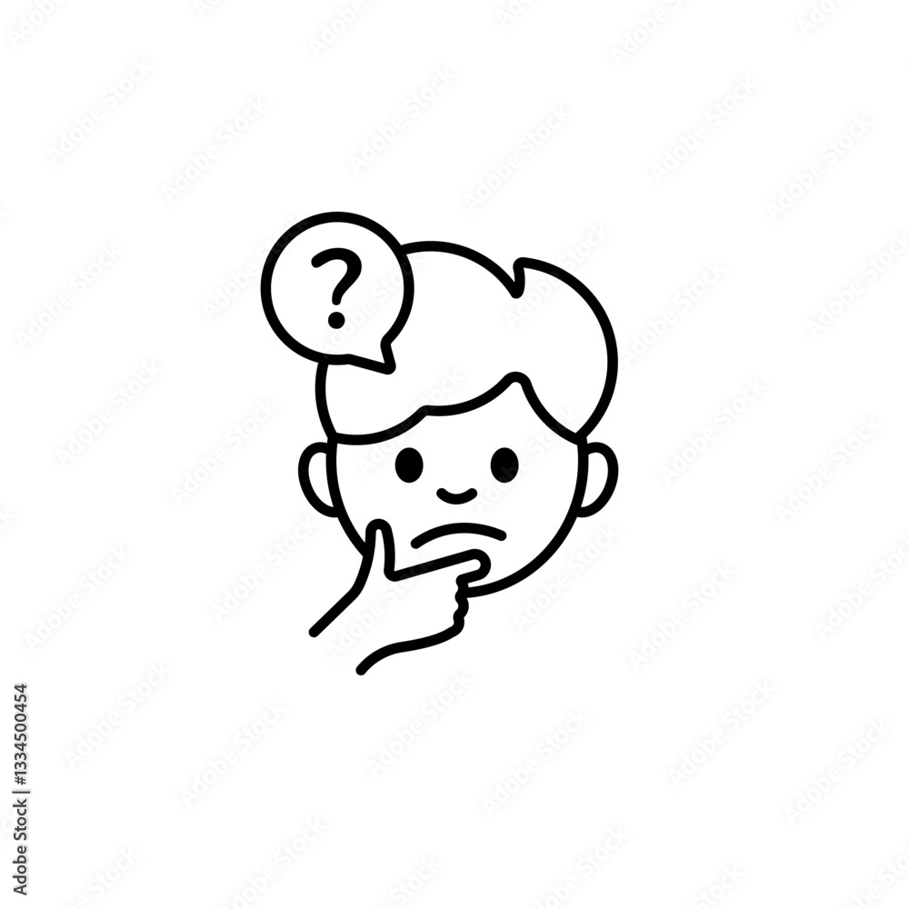 Simple line art of a thoughtful boy with a question mark highlighting a sense of curiosity and doubt. Simple line art of a thoughtful boy with a question mark highlighting a sense of curiosity and doubt.