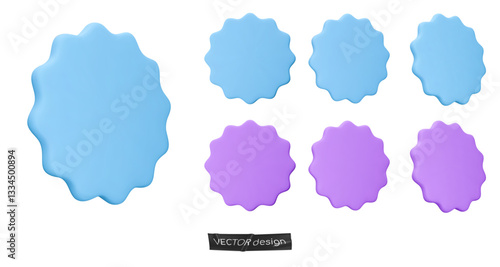 Set stickers, badges mockup. Blank labels of circle shapes with wavy edge. Vector illustration isolated on white. Copy space. Stickers or patches for preview tags, labels, design, presentation, adv