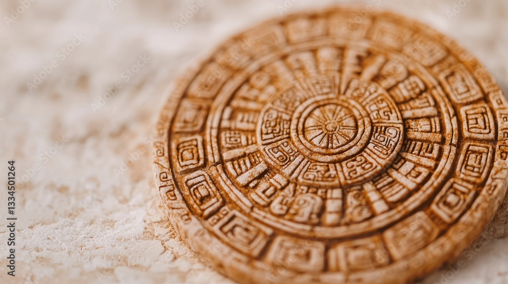 Fototapeta premium Intricate Mayan Calendar Replica Cultural Artifact Home Decor Artistic Environment Close-Up View Historical Significance