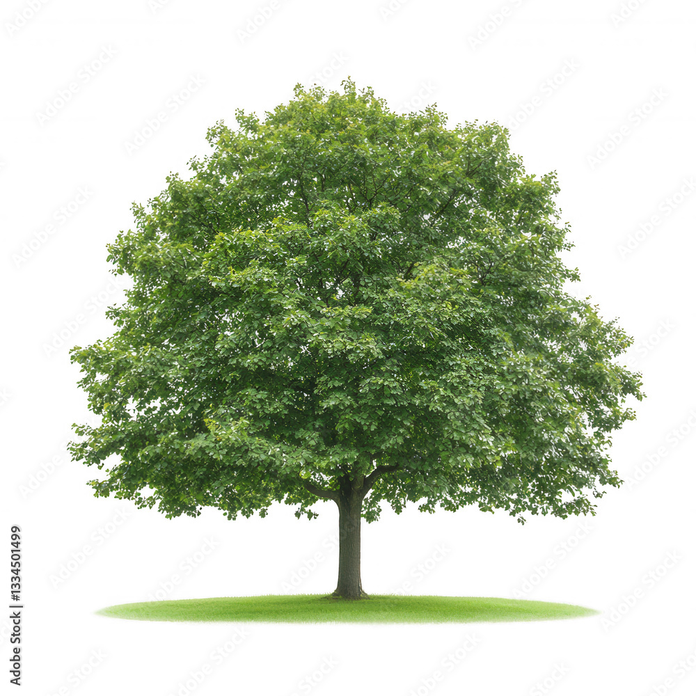 Fototapeta premium A vibrant green tree with a full canopy, isolated on a white background.