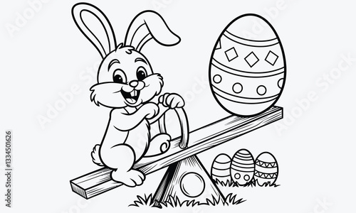 A black and white illustration of a happy Easter bunny sitting on a wooden seesaw. On the other side of the seesaw is a large Easter egg with decorative patterns