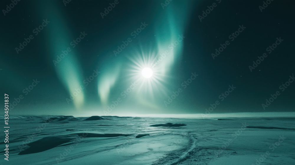 Naklejka premium Celestial darkness engulfs the North Pole with faint auroras, a rare cosmic spectacle