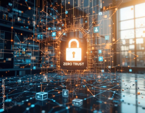 Security zero trust concept. A digital representation of cybersecurity concepts featuring a lock symbolizing zero trust architecture amidst a network of interconnected data points.
