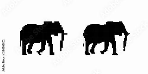 Silhouette of two elephants walking close together. both feature large ears and noticeable trunks.