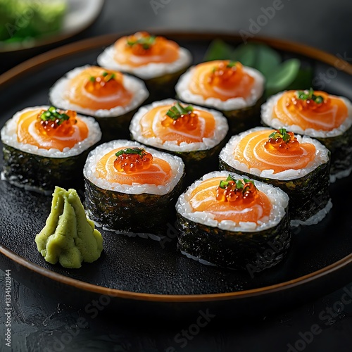 Wallpaper Mural Delicious fresh salmon sushi rolls served artfully on a dark plate Torontodigital.ca