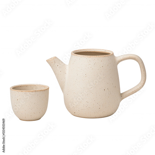 Ceramic teapot and cup set on a white isolate background.
