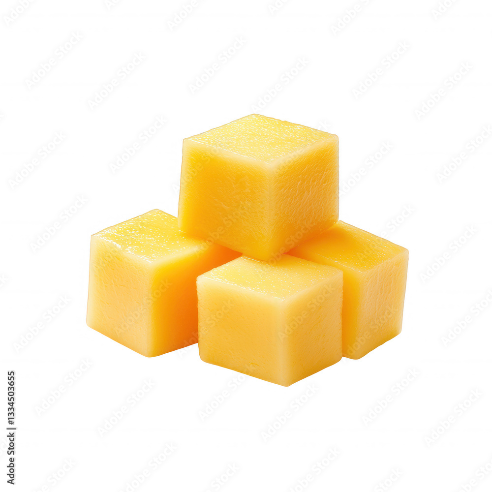 Cheddar cheese cubes stacked on a white isolated background. Cheddar cheese cubes stacked on a white isolated background.