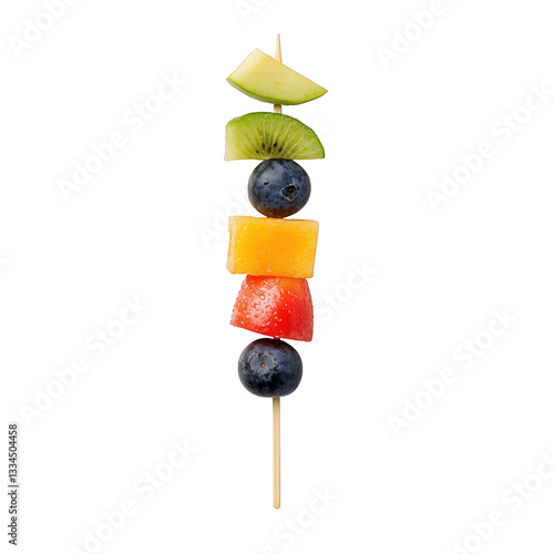 Colorful fruit kebab consisting of various fresh fruits on a skewer.