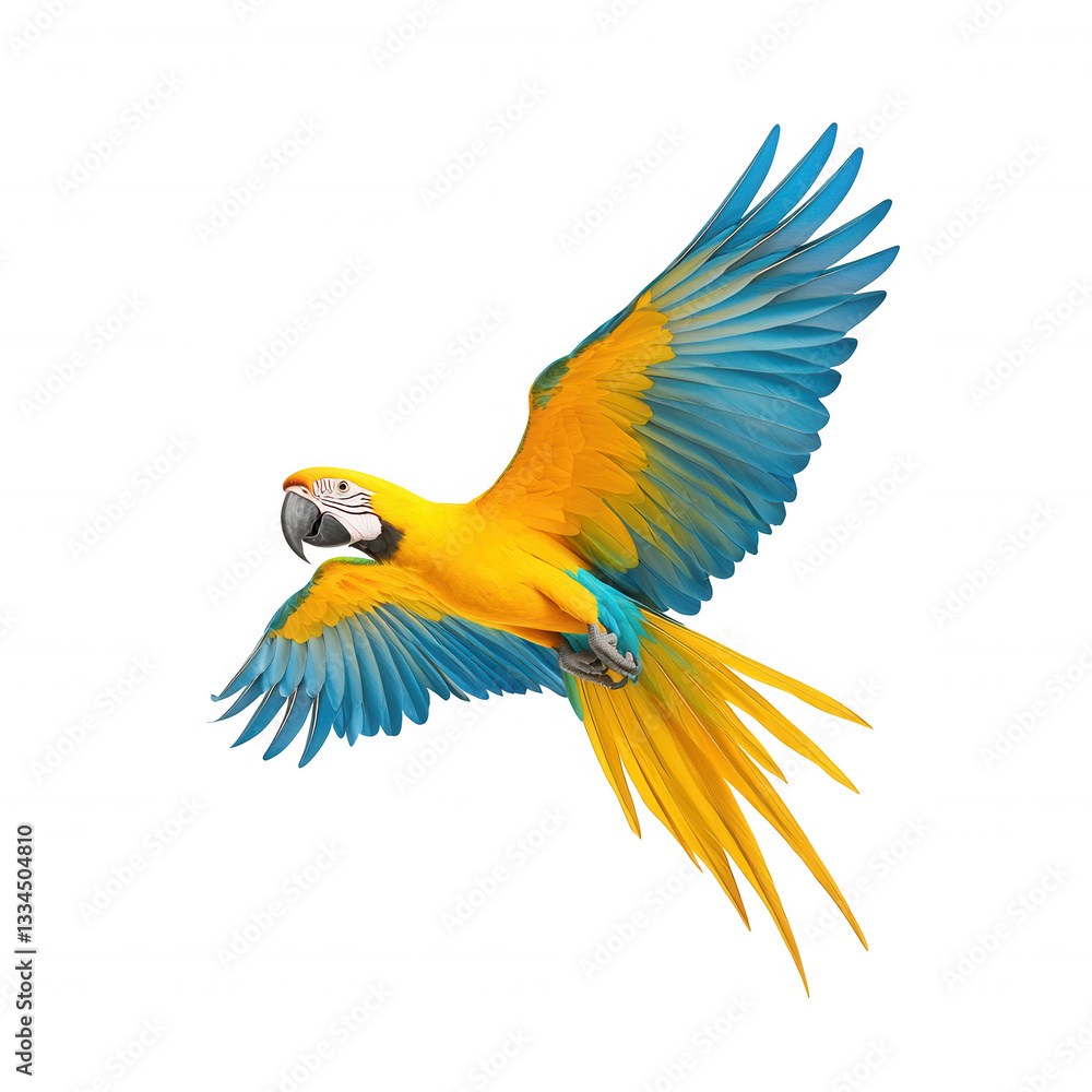 Obraz premium Colorful macaw flying gracefully against a white isolated background.