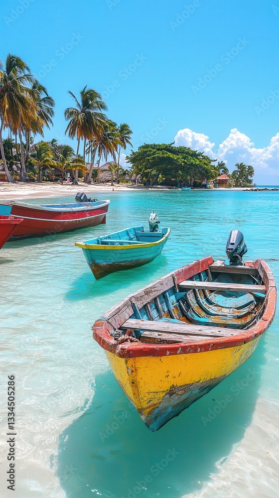 Tropical paradise serene seascape with colorful fishing boats Tropical paradise serene seascape with colorful fishing boats
