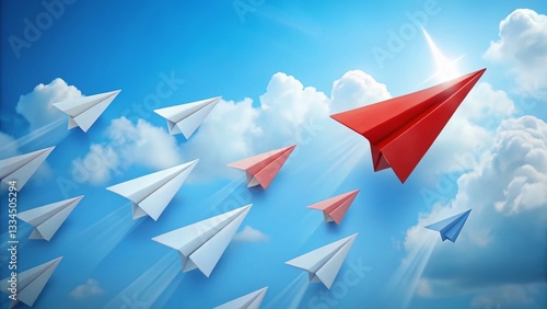 Leading the Pack: Red Paper Airplane Soaring Above White Team