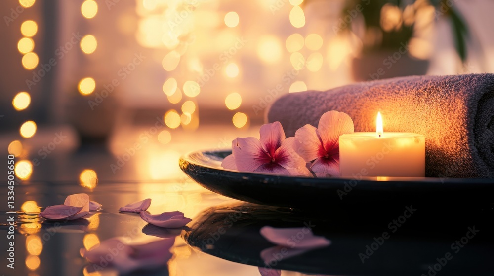 Tranquil candle and soft towel resting on a table as essential elements of a calming ritual for ultimate relaxation Tranquil candle and soft towel resting on a table as essential elements of a calming ritual for ultimate relaxation