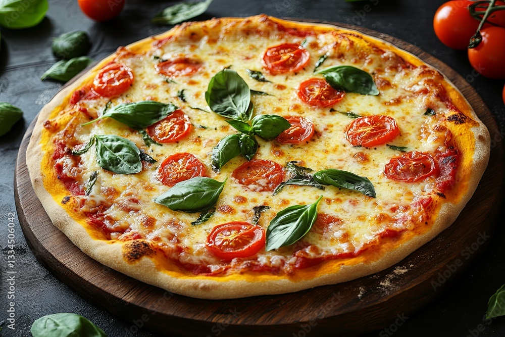 A Delicious Pizza Topped With Tomatoes And Fresh Basil Leaves A Delicious Pizza Topped With Tomatoes And Fresh Basil Leaves