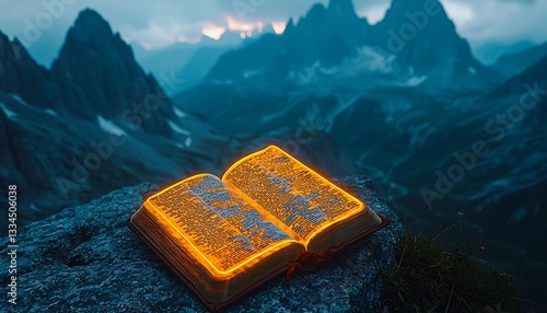 Illuminated Book Opens Up On Rocky Mountainous Landscape At Twilight photo