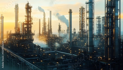 Wallpaper Mural A panoramic view of an industrial complex at sunset, featuring towering smokestacks and intricate machinery, representing modern engineering, innovation, and the energy sector. Torontodigital.ca