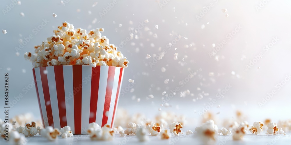 Popcorn overflowing from a striped bucket with pieces scattered around in a bright setting Popcorn overflowing from a striped bucket with pieces scattered around in a bright setting