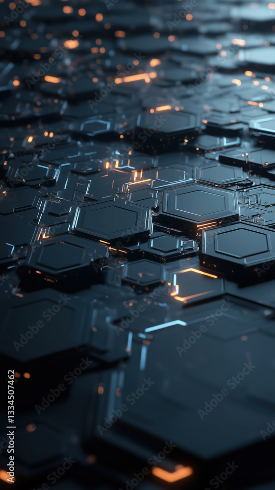 Fototapeta premium A cyberpunk-style metallic hexagonal grid with glowing neon orange and blue reflections.