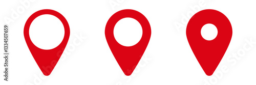 Three red map markers arranged side by side, each with a distinct style and circular center.