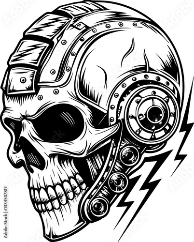 Electric welding mechanic with a skull-themed design in SVG and vector format.Futuristic Skull with Mechanical Enhancements and Lightning