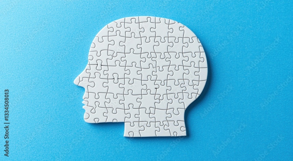 Puzzle piece head silhouette on a blue background symbolizing mental health and problem solving dynamics in psychology, creativity, and personal growth Puzzle piece head silhouette on a blue background symbolizing mental health and problem solving dynamics in psychology, creativity, and personal growth