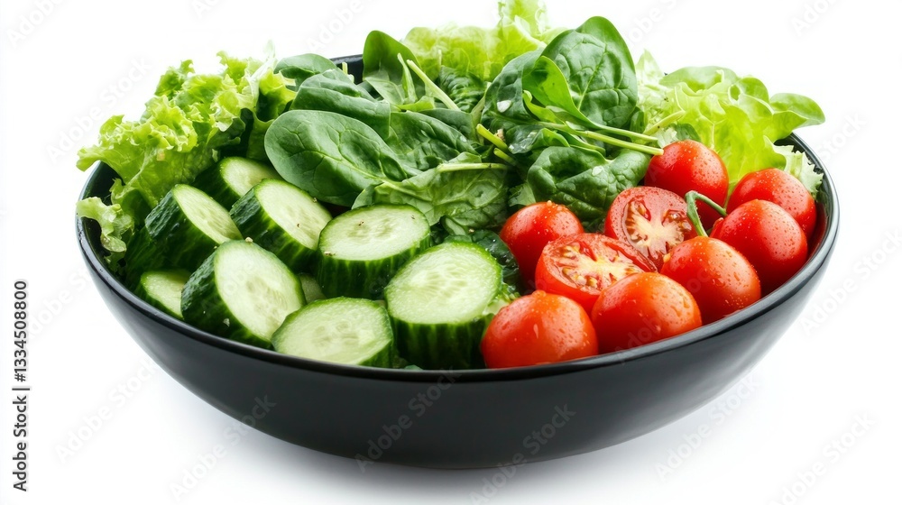 A bowl brimming with fresh vegetables, featuring crisp cucumbers, ripe tomatoes, and lush greens. Ideal for a nutritious meal or light snack, perfect for any occasion A bowl brimming with fresh vegetables, featuring crisp cucumbers, ripe tomatoes, and lush greens. Ideal for a nutritious meal or light snack, perfect for any occasion