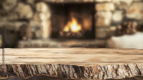 Wooden table top and blurred fireplace background. Stone wall texture and warm flame effect. Rustic wood edge in cozy home interior.